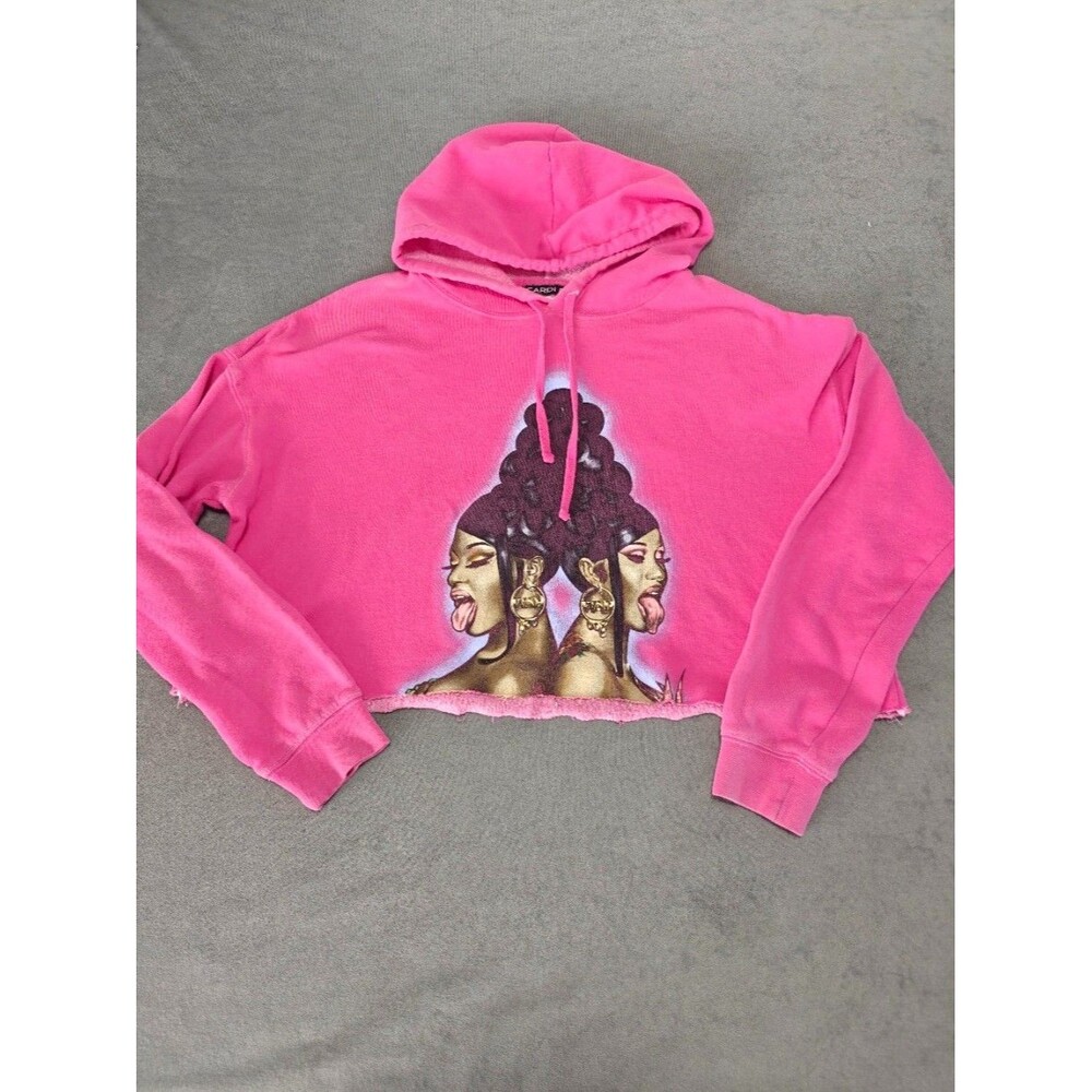 Cardi B WAP Pink Cropped Hoodie Women’s Medium Graphic Pullover Raw Hem
